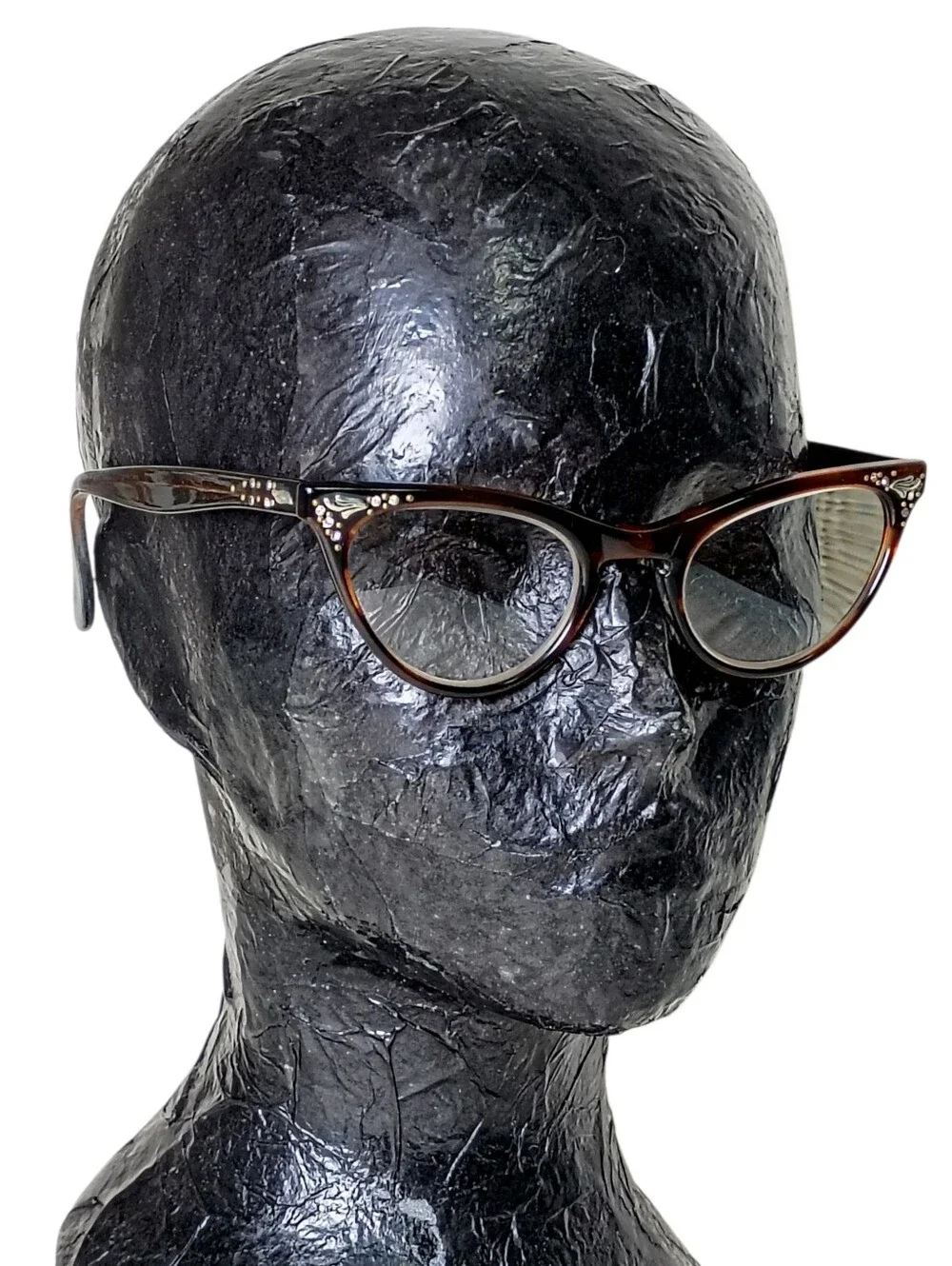 Vintage Eyeglasses Cat Eye Mid-Century Frames Brown Tortoise Shell Rhinestones
